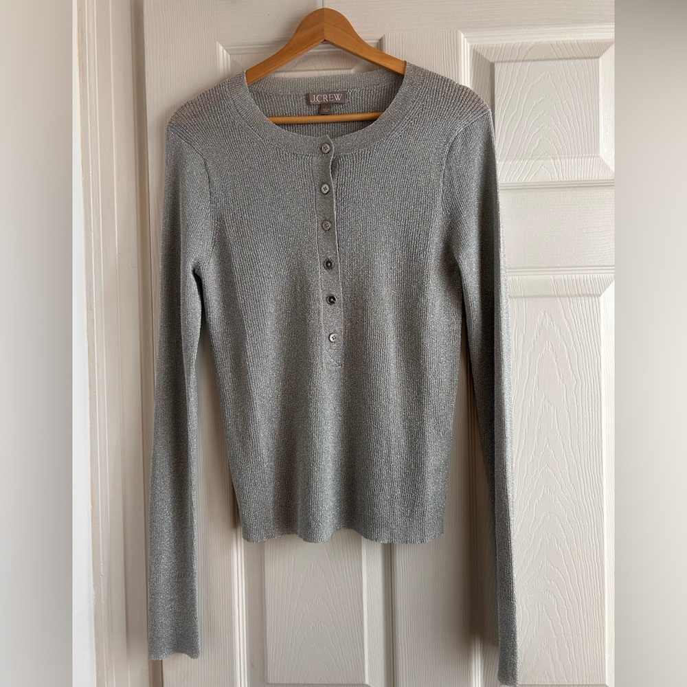 J. Crew Silver Sparkle Gray Long-Sleeve Henley Sweater Top